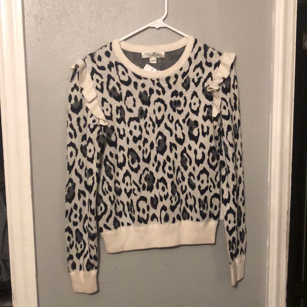 Rachel Zoe snow leopard ruffle shoulder sweater